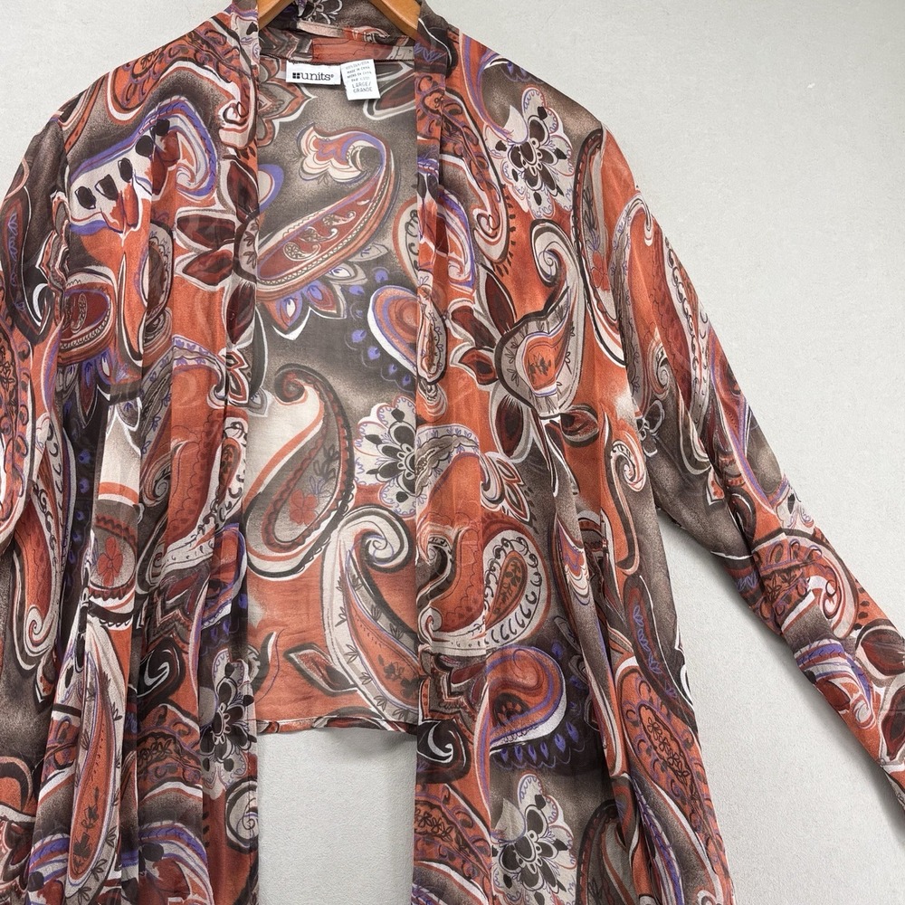 UNITS 100% Silk Sheer Waterfall Paisley Kimono Duster Cardigan Artsy Size L VTG - Picture 2 of 10